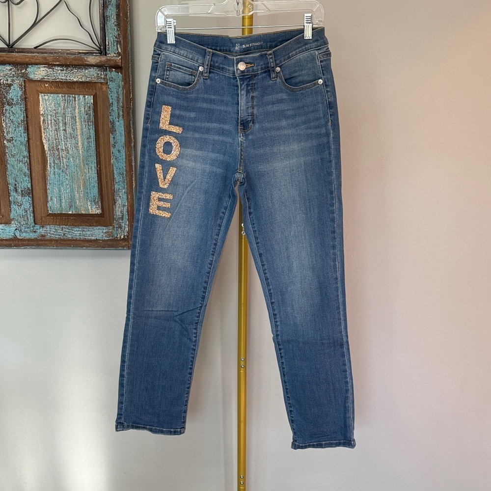 New York & Company Blue ankle Jeans with Gold 'LOVE' Sequin Detail EUC 8